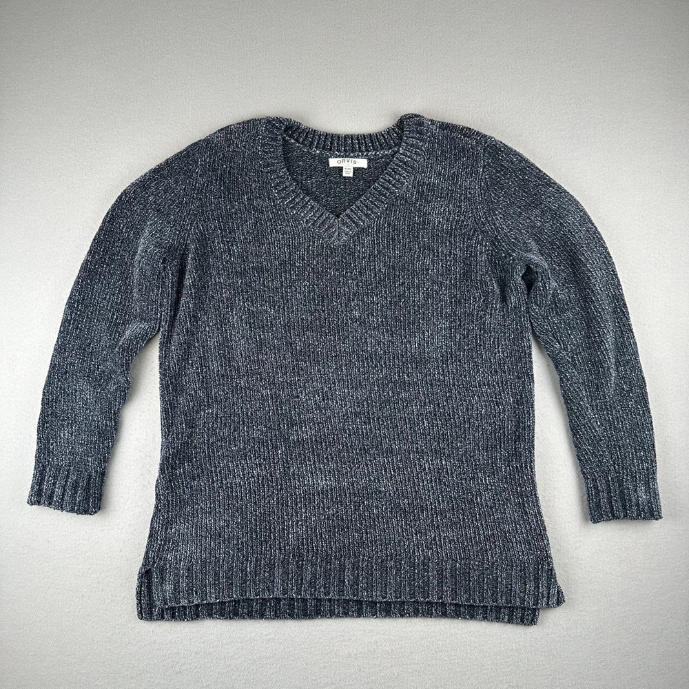 Orvis Sweater Womens XL Navy Blue Marled Chenille V-Neck Pullover Side Slit